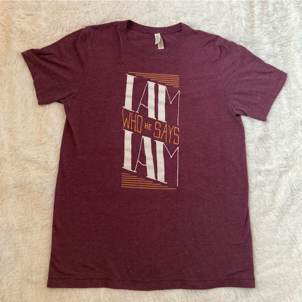 “I Am Who He Says I Am” maroon religious soft T-shirt
